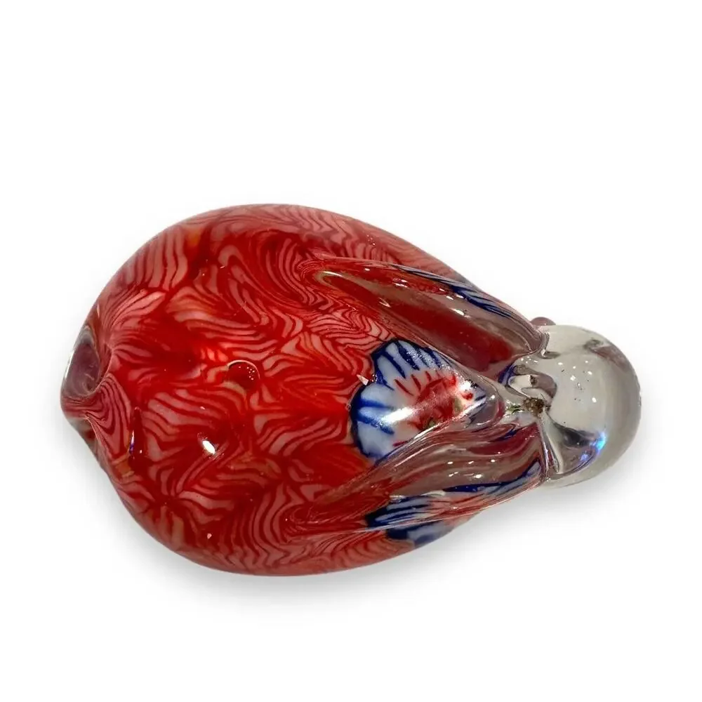 Art Glass Rabbit Paperweight Bunny Hand Blown Millefiori Clear Red White Blue